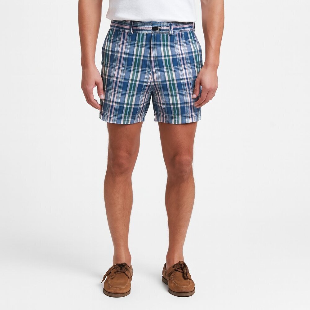 St. John’s Bay Plaid Cotton Shorts Blue Green 36 Flat Front
